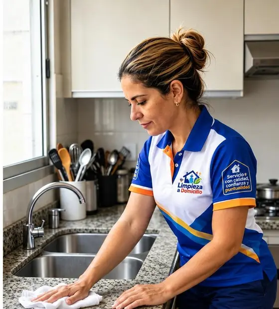 Operaria uniformada limpiando el mesón de la cocina de una casa en Bogotá con paño y producto.