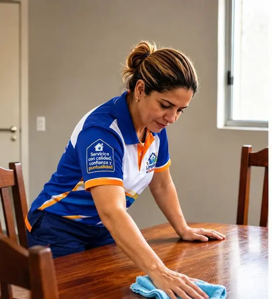 Operaria uniformada de Limpieza a Domicilio pasando un paño por la mesa de comedor de un apartamento en Bogotá.
